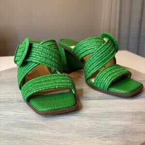 Alex Marie Green Raffia Block Heel Sandals Women's Size 7M 7 Slide Mules Trendy